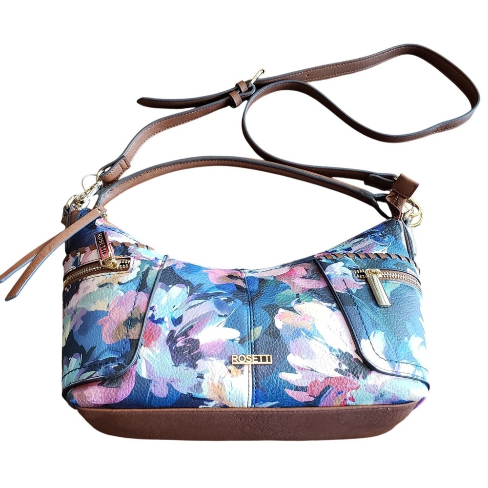Rosetti Floral Crossbody Hobo Bag Blue Pink Multi Faux Leather Gold Hardware